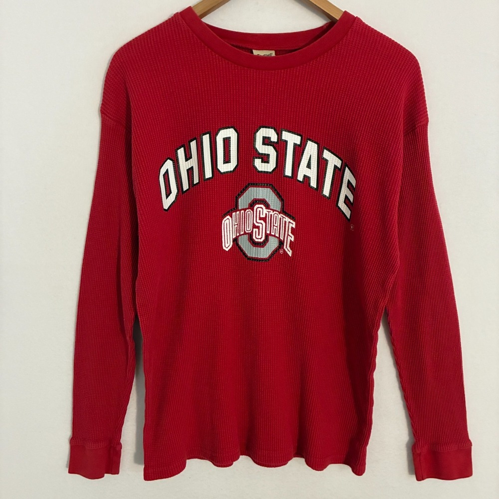 Vtg Ohio State Buckeyes Thermal Shirt Men's L Red Waffle Knit Football OSU